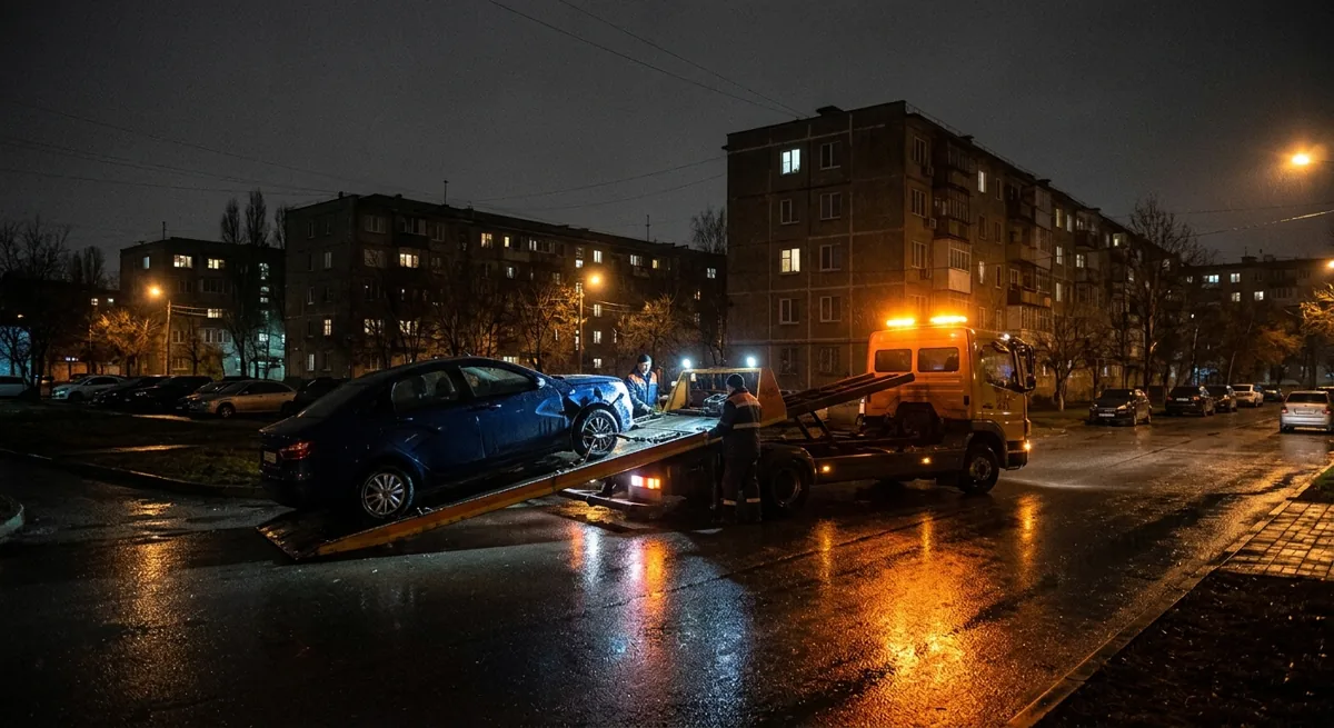 Ночная погрузка автомобиля на эвакуатор в дождь