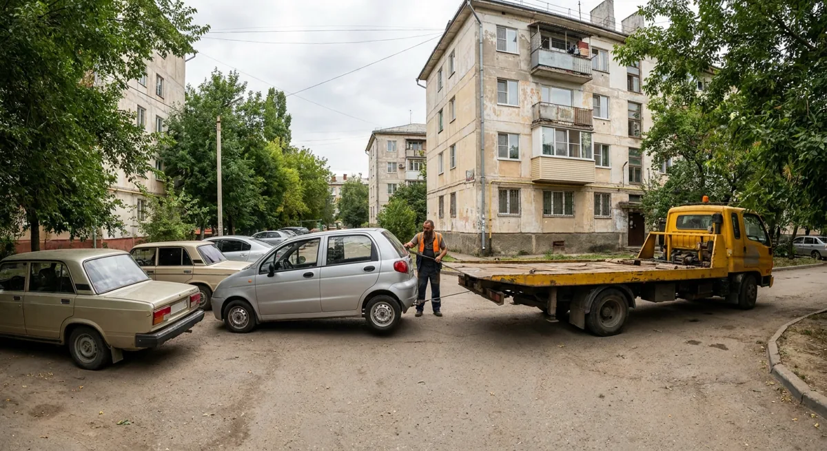 Погрузка машины лебёдкой в тесном дворе на Западном
