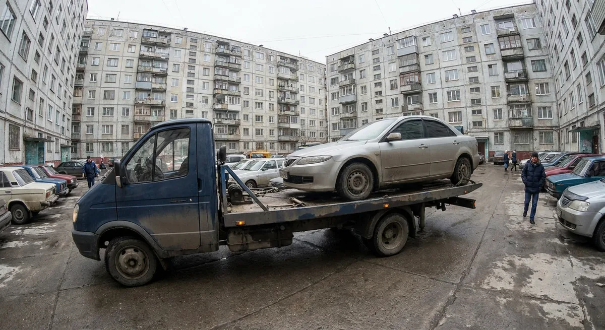 Эвакуатор грузит легковую машину во дворе жилого дома в Ростове-на-Дону